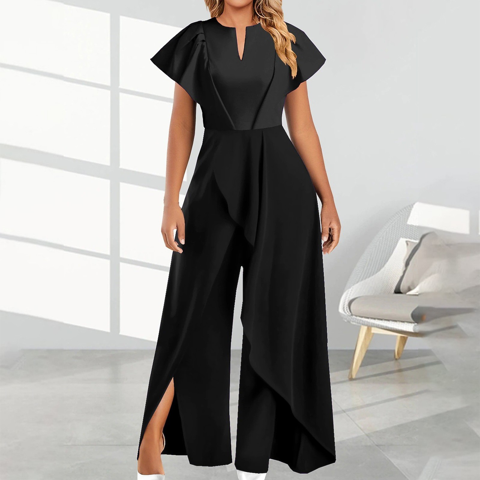 thumbnail image 2 of Mono largo de pierna ancha para mujer - Mangas elegantes de encaje, conjunto festivo para fiesta, poliéster, tallas S-XXL, 2 of 5